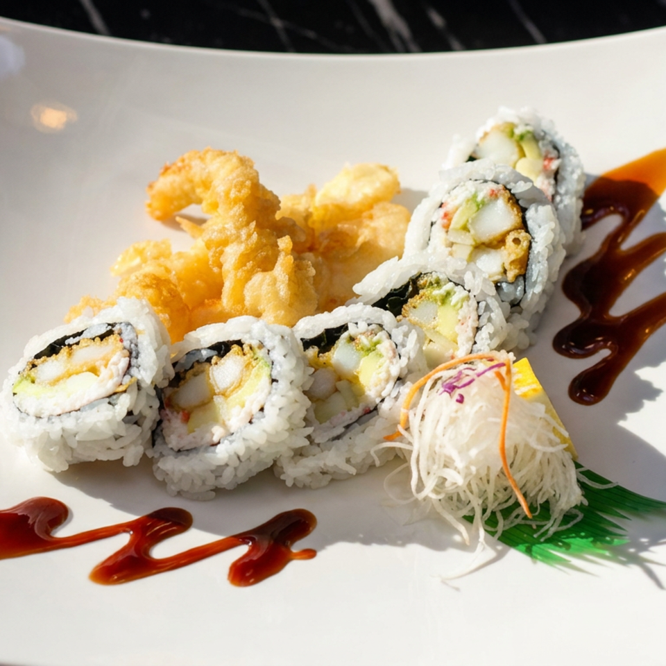 Sushi rolls and golden tempura shrimp arranged on a white plate with shredded vegetables and decorative sauce drizzles.