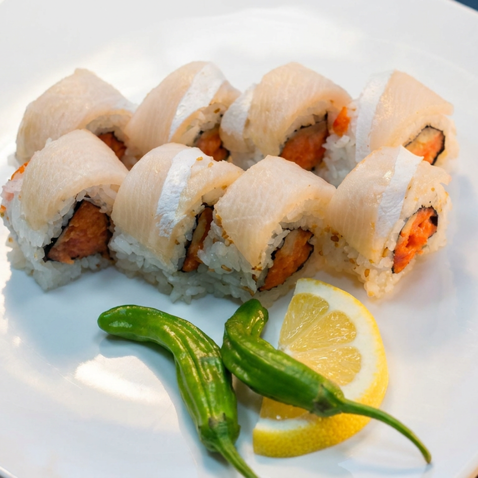 Eight sushi rolls topped with thin fish slices, served on a white plate with green peppers and lemon wedges.