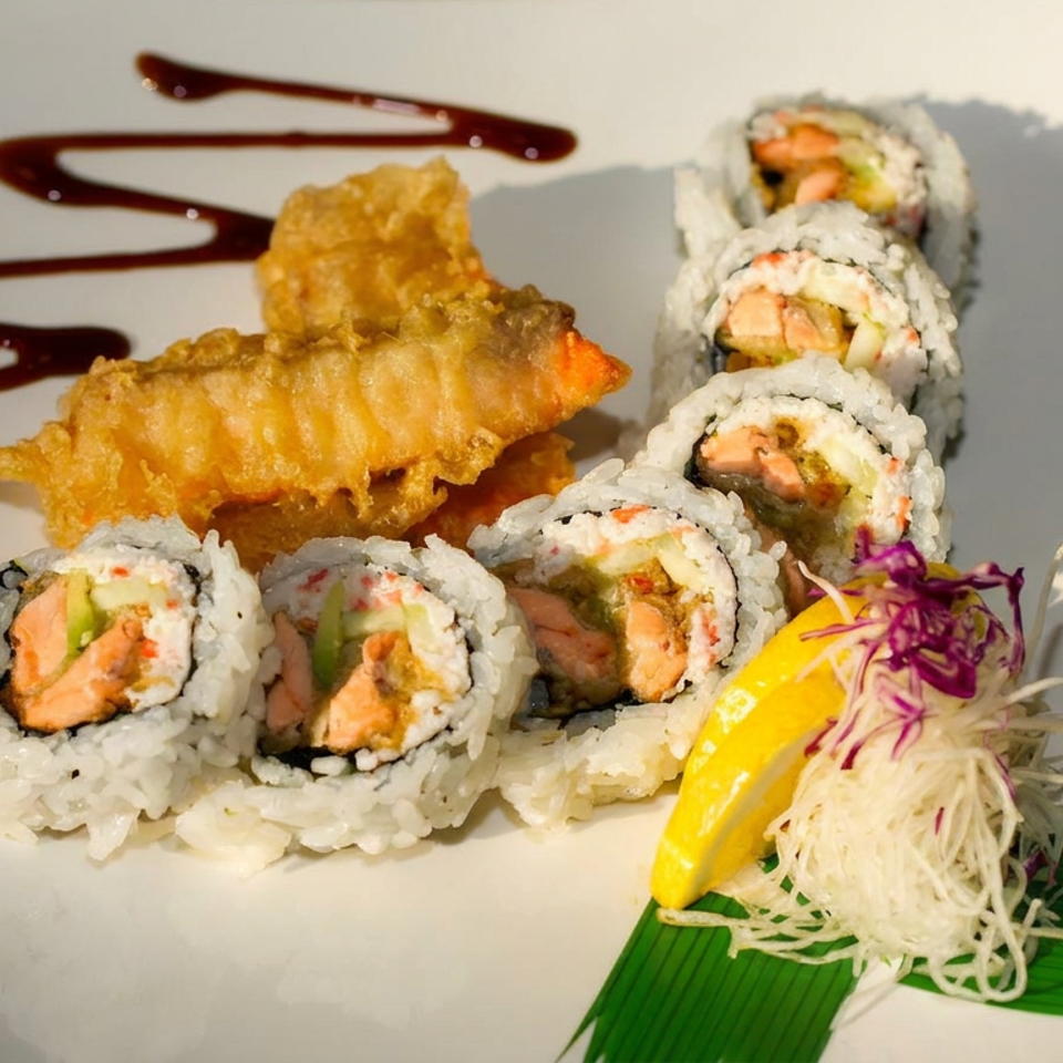 Sushi rolls with salmon and vegetables, fried shrimp, dipping sauce, lemon, and shredded cabbage arranged on a white plate.