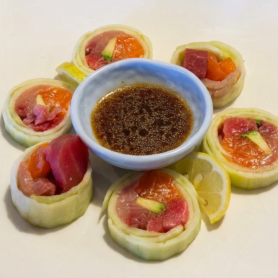 Sushi-style rolls filled with salmon, tuna, and vegetables surround a bowl of dipping sauce, garnished with lemon slices.